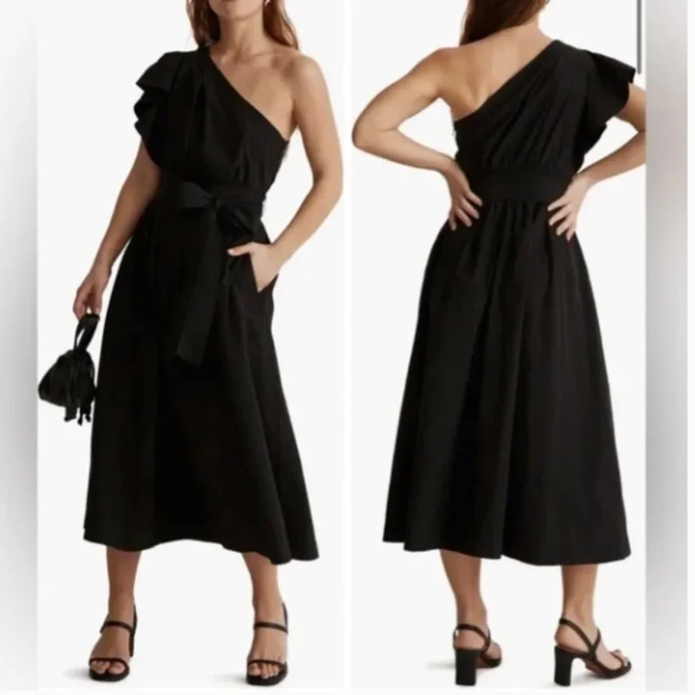 Madewell Brooke One Shoulder Ruffle Midi Dress Black Size 2 NEW - Picture 1 of 9
